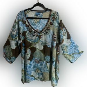 Aqua Blue boho print top with bead embellished neckline. Size 3X. 100% cotton
